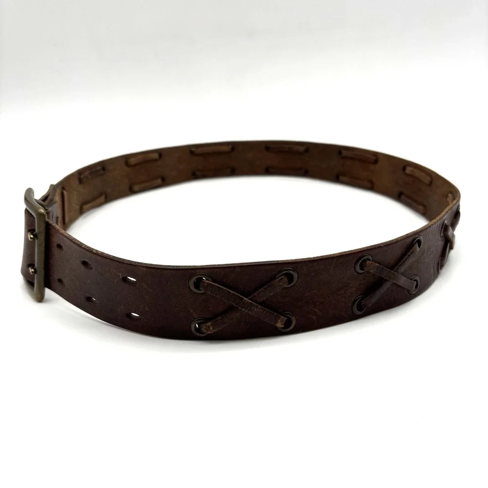Vintage Y2K American Eagle Brown Leather X-laced Double Prong Belt M 32-36